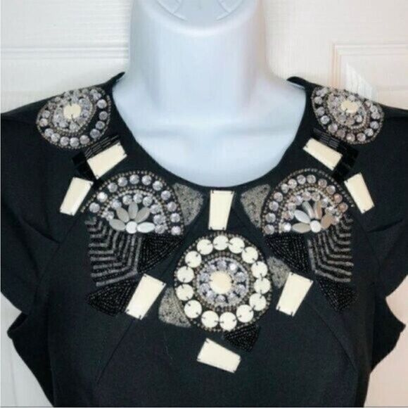 bebe Black Mini Sheath Dress Cap Sleeves Embellished Beaded Yoke Cocktail XXS - Picture 5 of 9